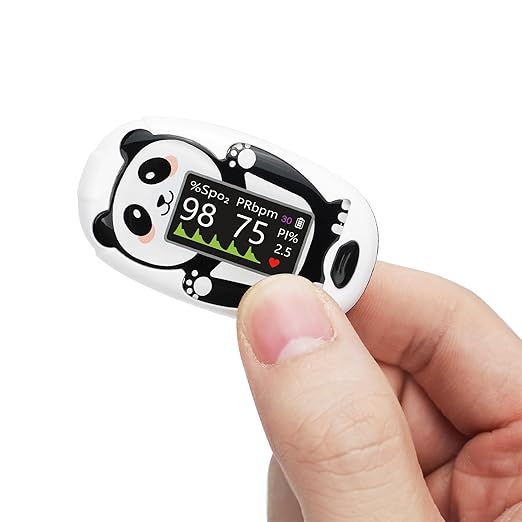 Panda Pediatric Pulse Oximeter for Kids (2+), Children Oxygen Monitor Fingertip with 20 × Memory, Blood Oxygen Saturation Monitor with Alarm, Batteries and Lanyard