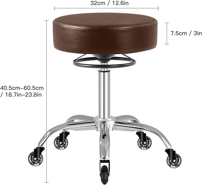 Rolling Stool with Wheels 400lbs Weight Capacity,Heavy Duty Lash Chair Adjustable for Tatoo Lab Massage Salon Spa Drafting Nail Teach,360 Swivel,Leather,Thick Seat Padding (Brown)