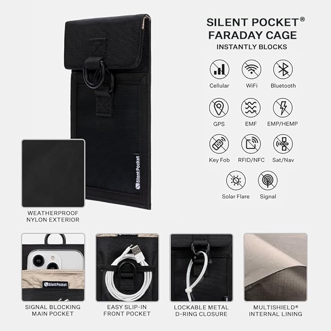 Silent Pocket SLNT Lock Out Tag Out Locking Cell Phone Faraday Sleeve w Weatherproof Nylon, Loto Signal Blocking Device Shielding for Phones, Keyfobs, Wallets - Privacy Anti-Hacking (Black, Small)