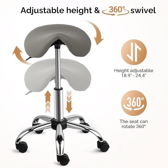 OmySalon Adjustable Saddle Stool with Footrest, Hydraulic Rolling Salon Chair, 360° Swivel Wheels Ergonomic Stool for Hair Stylists, Tattoo Artists, Office, Spa, Massage, Dental (Grey)