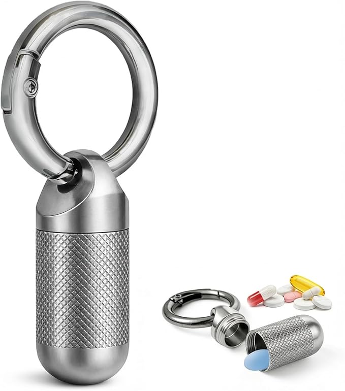 Forwish Titanium Keychain Pill Holder, Portable Waterproof Pill Case for Travel, EDC Small Metal Pill Organizer for Pills, Durable Mini Pill Box with Keyring - Large (1.8inch)