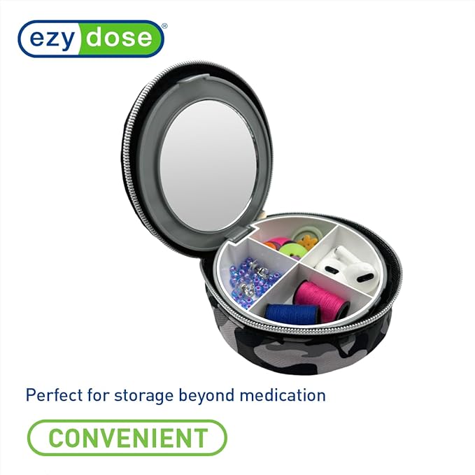 EZY DOSE Travel Pill Organizer with Built-in Mirror, Features Zippered Camo Case, Compact and Portable Medication Case for Daily Vitamins, Pills, and Medicine, Ideal for Travel and On-The-Go Use