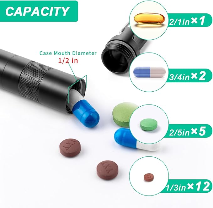 Micro Pill Holder Keychain Titanium Pill Case for Purse Small Pill Container Travel Black Pill Box Medicine Bottle Organizer for Vitamin Fish Oil Supplement (Black+1 Closed Extension Tube)