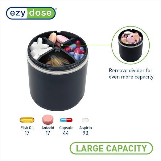 EZY DOSE Mini Vitamin Organizer, Multi Compartments, Portable and Compact Design, Easy Access Sliding Pill Dispenser, Supplement Organizer with Anti-Mix Design, Travel Friendly, Large, Black and Cream