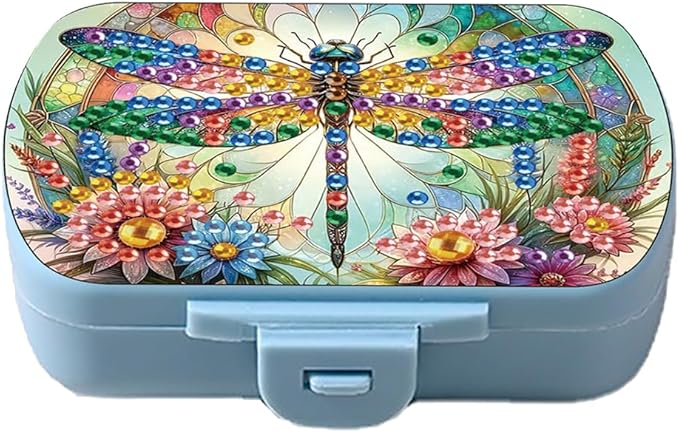 C'eitura DIY Flower Dragonfly Diamond Art Painting Blue Pill Organizer with 6 Lid Detachable Compartments, Fun DIY Craft Project for Adults, Elegant Pill Case for Purse & Travel