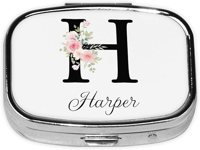 Custom Pill Box Personalized Square Small Pill Case with Mirror Add Your Photo Text Logo Name Decorative 2 Compartment Portable Metal Medicine Container Vitamin Organizer for Pocket Purse Travel (H)