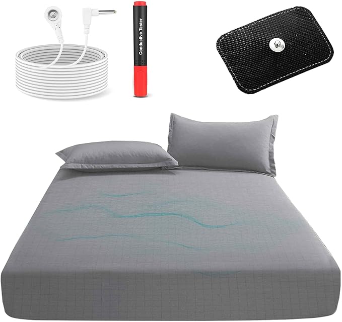 Grounding Sheets King Size, 12% Silver Fiber 88% Organic Cotton Fitted Grounded Sheet, Earthing Fitted Sheet with Ground Connection Cord for Better Sleep (71"x 80"x 15", Gray)