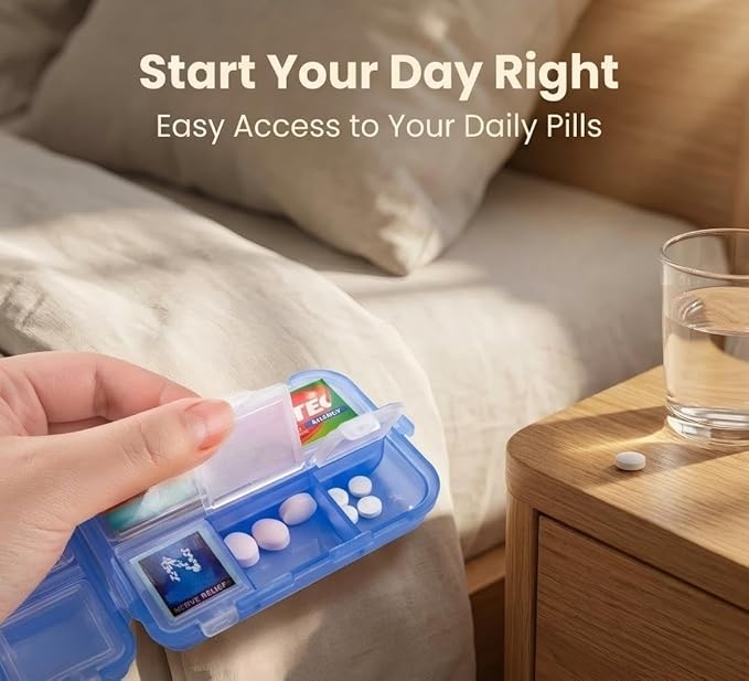 Pill Organizer with Medicine Labels Travel Daily Pill Container Mini Medication Organizer Storage Pill Organizer Travel Essentials Pill Case 7 Day (Purple& 161 Lables)
