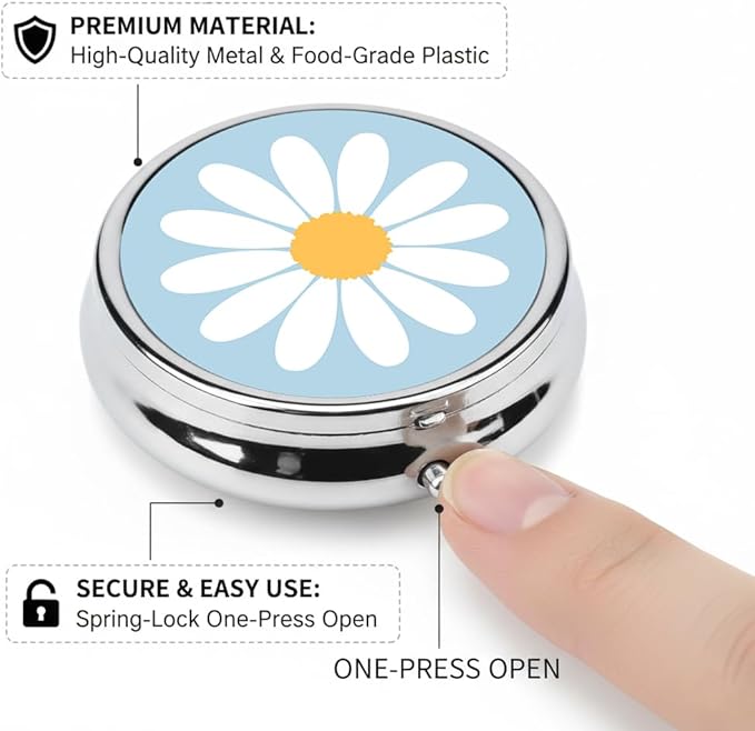 Daisy Pill Box 3 Compartment Small Pill Case,Portable for Pocket or Purse Pill Organizer Pill Container Holder with Mirror to Hold Vitamins, Medication, Fish Oil and Supplements