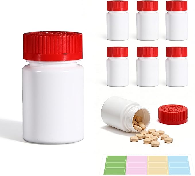 8 Pack Small Empty Plastic Bottles for Pills - Travel Medicine Containers with Lids & Labels, Portable Daily Organizer Storage for Vitamins, Medication Essentials