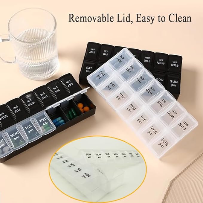 Large Pill Organizer, Weekly Portable Pill Dispenser Reminder, Travel Daily Pill Case Box Holder, Medication Planner for Vitamin, Medicine, Fish Oil, Supplements, 14 Compartment, Transparent