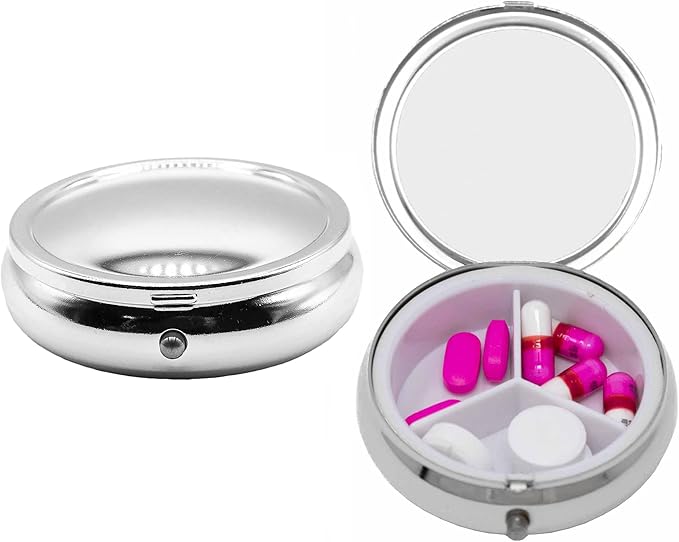 Set of 2 Circular Embossed Triple-Compartment Pocket Purse Pill Box & Organizer (Silver Curved)