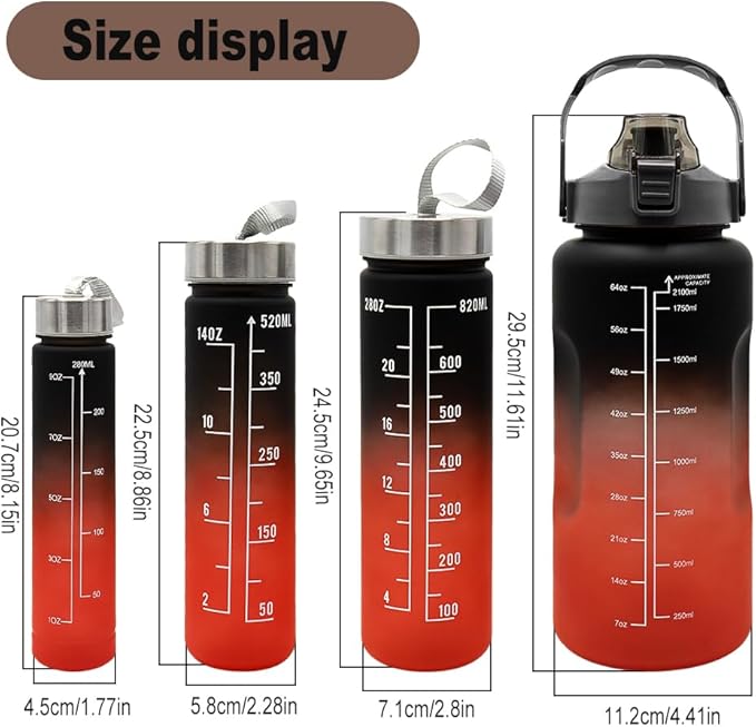 4pcs Water Bottle Set,64oz+28oz+14oz+9oz Large Capacity Sports Fitness Water Bottle,Leak Proof,Straw Inspirational Water Bottle,For Family Camping Outdoor(4pcs Black red)