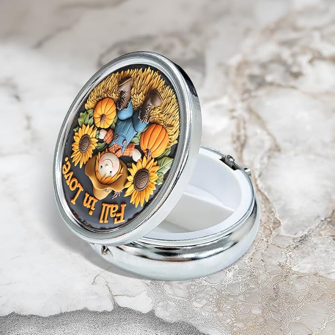 Portable Round 3 Compartment Metal Pill Box Fall Scarecrow Sunflowers Pumpkins Print Ideal for Kitchen Office Coffee Cafe Use