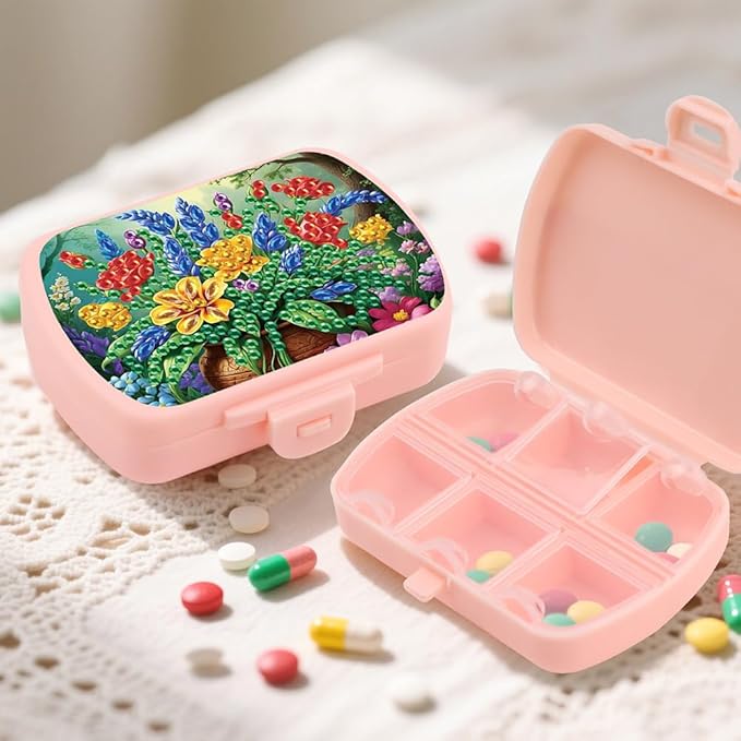 C'eitura 2pcs DIY Flower & Butterfly Diamond Art Painting Pink Pill Organizer with 6 Lid Detachable Compartments, Fun DIY Craft Project for Adults, Elegant Pill Case for Purse & Travel