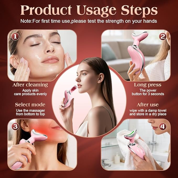 Face and Neck Massager Tool with Heat & 3 Light Therapies, Smart Vibration, Red-Light-Therapy and EMS Modes, Gua Sha Facial Tools for Face and Neck Skin Care and TMJ Relief (Pink)
