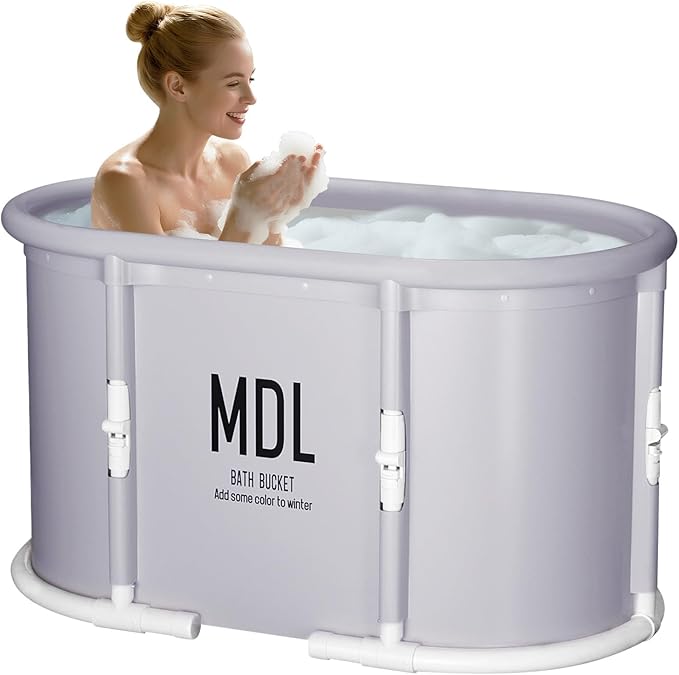 Portable Bathtub, Foldable Bathtub No Installation, Freestanding Shower Bathtubs with Cushion, Collapsible SPA Soaking Bath Tub, Hot & Ice Bath Tub for Indoor Outdoor (Light Gray)