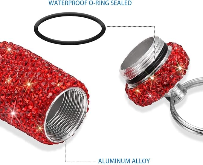Portable Pill Case Pill Container Waterproof Pill Holder with Keychain Bling Pill Box Medicine Dispenser Bottle Storage for Outdoor Camping Travel (Red)