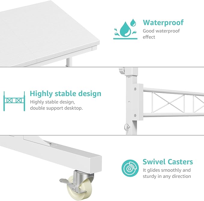Small Portable Treadmill Walking Pad Desk on Wheels, 32 Inch White Adjustable Height Mobile Rolling Standing Teacher Desks, Couch Sofa Side Laptop Stand Up Table for Bedroom, White