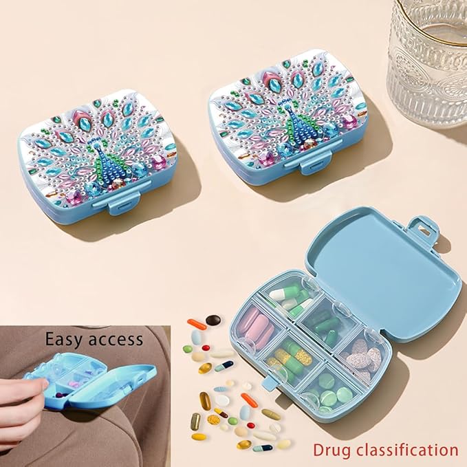 C'eitura DIY Peacock Diamond Art Painting Blue Pill Organizer with 6 Lid Detachable Compartments, Fun DIY Craft Project for Adults, Elegant Pill Case for Purse & Travel