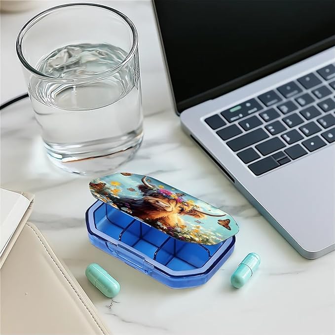 This Portable Cute Cow Among The Butterfly Flower Pattern 6 Compartment Pill Box Can Be Placed in A Pocket Or Wallet to Store Vitamins, Medicines Health Supplements Other Medications.
