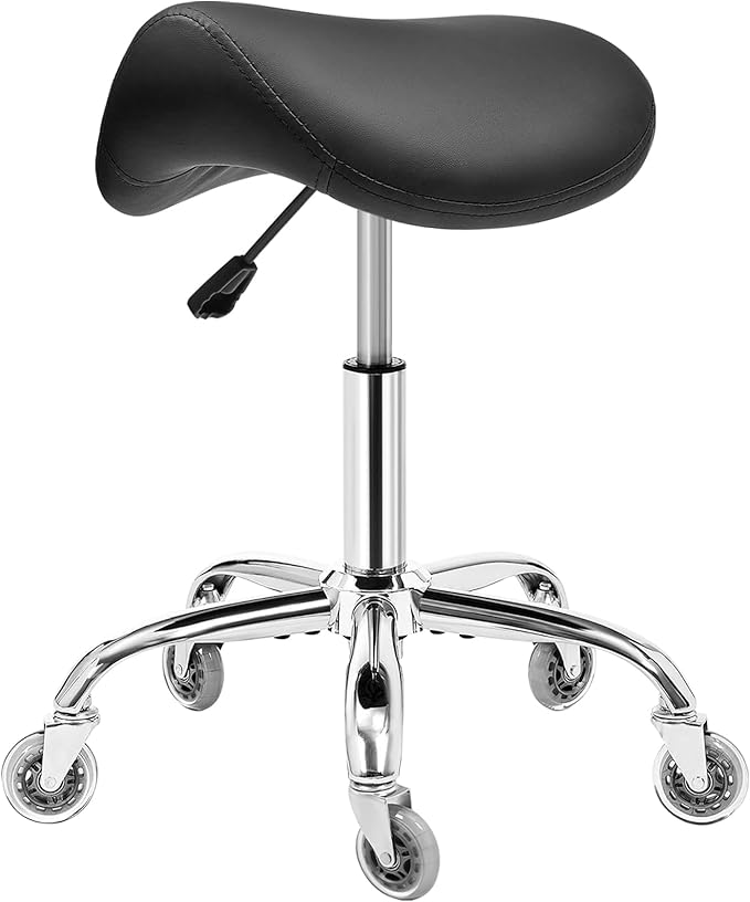 BEWISHOME Ergonomic Rolling Saddle Stool, Height-Adjustable Rolling 360° Swivel Saddle Stool Chair with Thickened Saddle Seat Padding, for Salons, Spas, Office, Black BMD02B