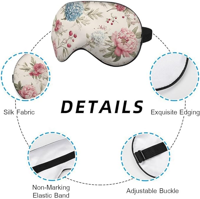 Watercolor Flowers Silk Eye Mask Sleep Mask Blue Pink Flowers Garden Spring Summer Nature Eye Mask with Adjustable Strap Lightweight for Women Work Travel Night Sleep