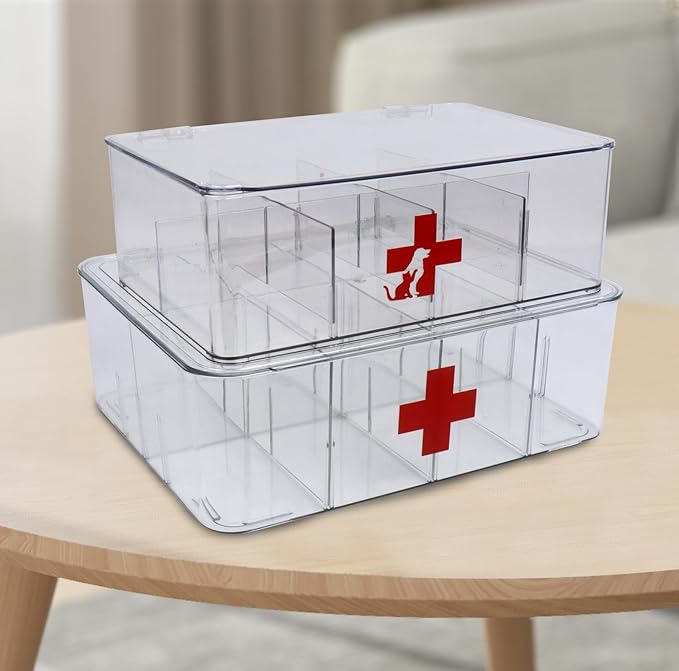 First Aid Box Clear Medicine Organizer Storage Box with Lids, Plastic Medicine Organizer for Bathroom or Kitchen, Medicine Cabinet Organizer with Lid, Portable Medical Box for Home,Office