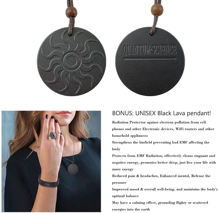 Protection Necklace and Bracelet (Set), Phone - Wifi - Wristband for Well-being - 7 Natural Energy Elements, Magnetic Bracelet - Waterproof and Fits All Wrists, Circulation, Energy & Balance (Black)