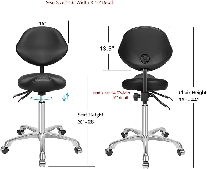 Kaleurrier Ergonomic Rolling Swivel Saddle Stool with Wheels - Hydraulic Lifting Height Adjustable Saddle Chairs for Clinic Hair Salon Lab Office Drafting Chairs (Black, with Back)