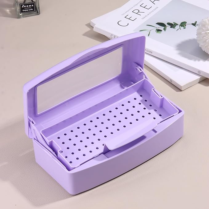 Nail Tool Sterilizer Box Plastic Disinfectant Container for Nail Art Accessories Tools, Sterilizer Soaking Box with Strainer Pedicure Manicure Cleaning Equipment, Purple