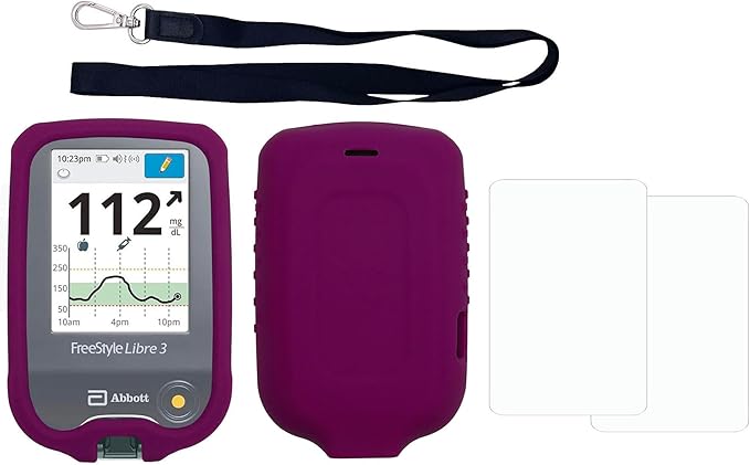 Premium Silicone Protective Cover Set (Screen Protector + Lanyard + Lanyard Patch) for Freestyle Libre/Freestyle Libre 2 (Continuous Glucose Monitor) (Purple)