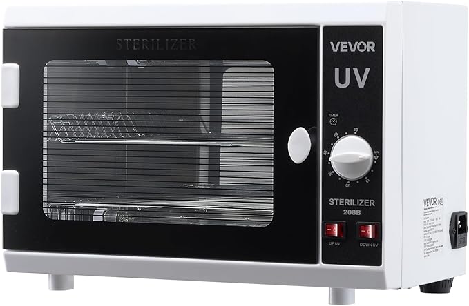VEVOR Nail Tool Cleaning Machine, 12L Large Capacity, Knob Control, Tool Cabinet Cleaner Box with Timer Setting, Tempered Glass Door, 185nm Wavelength, for Labs, Home, Nail Salons, Beauty Salons