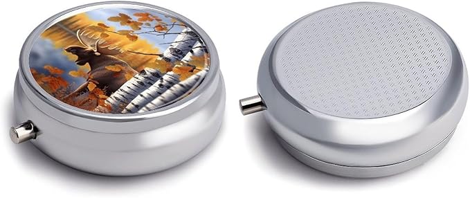 Fall Birch Leaves Elk Pill Box 3 Compartment Small Pill Case Portable Pill Box for Pocket Or Purse Round Metal Pill Box Cute Medicine Organizer Holder to Hold Vitamins Medication