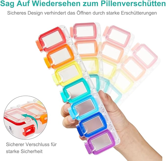 Fullicon Weekly Pill Organizer 7 Day Ultra Moisture and Spill Proof Daily Pill Box, Large Medicine Case with Secure Buckle, Compact Travel Pill Container for Pill, Vitamin, & Fish Oil (Rainbow Clear)