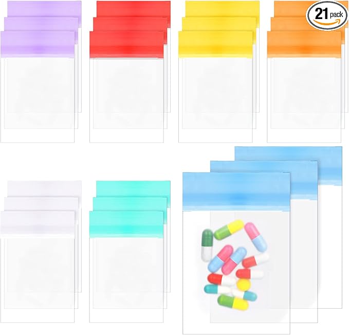 Demissle Pill Pouch Bags Pack of 21 4" x 3" Zipper Pill and Vitamin Organizer Pouches with Slide Lock for Travel Medicine Reusable Pill Storage Pouches Bags Clear, 7 Colors for Week