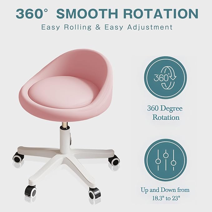 Rolling Stool Chair with Backrest, Round PU Leather Adjustable Height Hydraulic Swivel Rolling Stool for Spa Salon Tattoo Massage Doctor Dental Medical Office Pink Set of 2