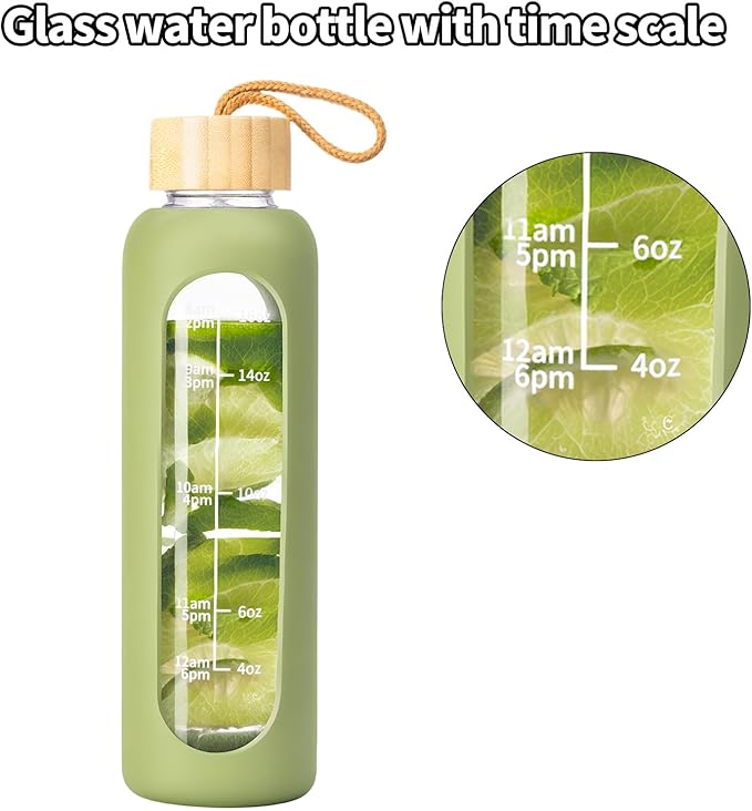 18 OZ Glass Water Bottles, Water Bottle with Time Marker, Leakproof Glass Water Bottles with Silicone Sleeves, Suitable for Offices and Gyms. (Green)