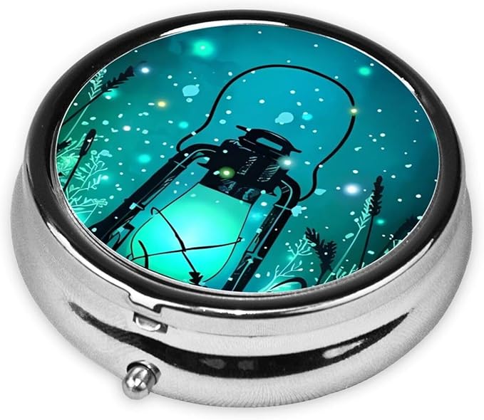 Fireflies and Lantern Printed Round Travel Pill Box Cute Small Metal Pocket Pill Case for Men & Women 3 Compartment Portable Pill Organizer for Purse or Pocket