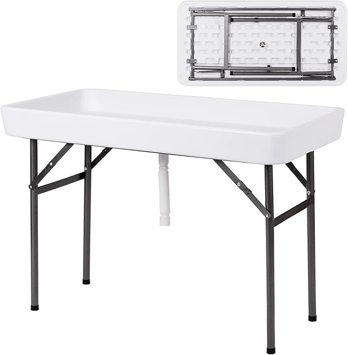 Giantex Folding Ice Table with Drain, 4 ft Portable Cooler with Removable Skirt, No Assembly, Fill and Chill Table for Food Drink Beverage, Foldable Party Ice Bin for Camping BBQ Outdoor, White