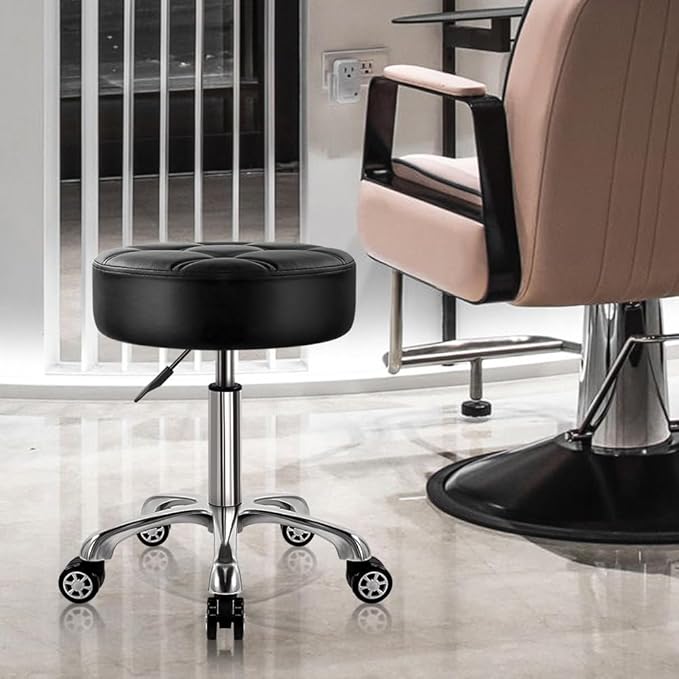 Heavy Duty Rolling Stool with Wheels Hydraulic Lift 360 Swivel Adjustable Rolling Chair Thick Leather Ergonomic Seat Stool Chair for Kitchen Drafting Lab Office Salon Massage Black