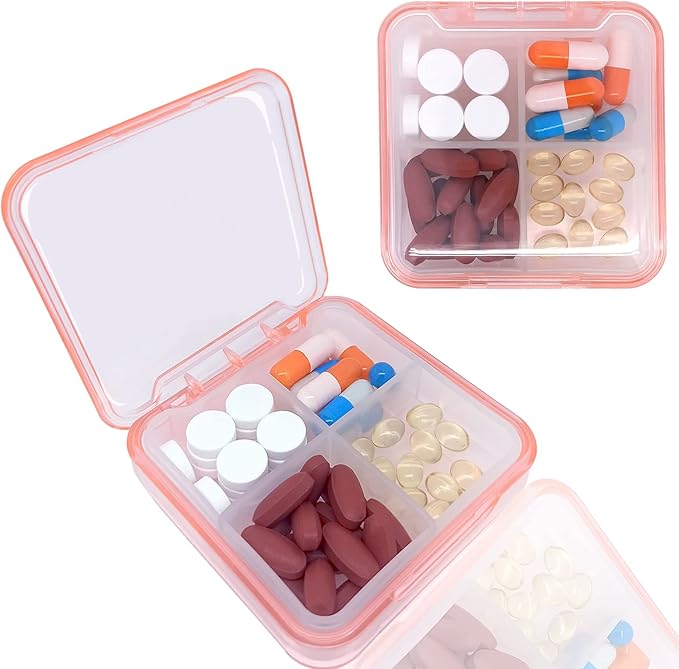 Pill Case for Pocket Travel Pill Organizer Small Pill Box Portable 4 Compartments Removable Medicine Organizer for Vitamin Fish Oil (Light Pink)