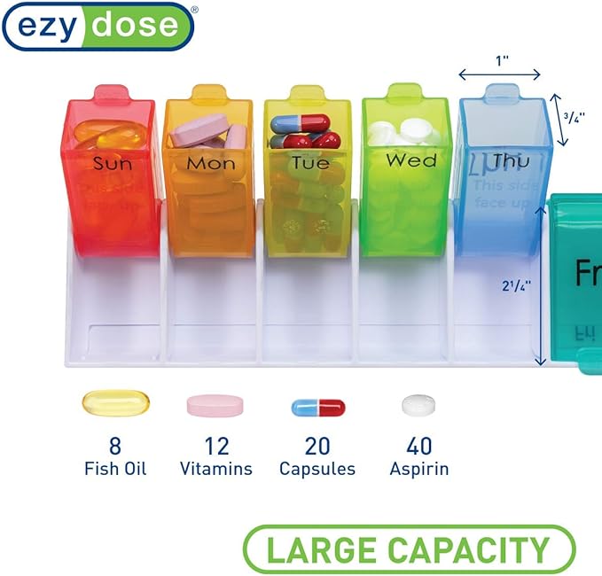 Ezy Dose Weekly (7-Day) Pill Case, Medicine Planner, Vitamin Organizer Box, Convenient and Easy to Use, Detachable Compartments, Travel Friendly, Rainbow Colors, BPA Free