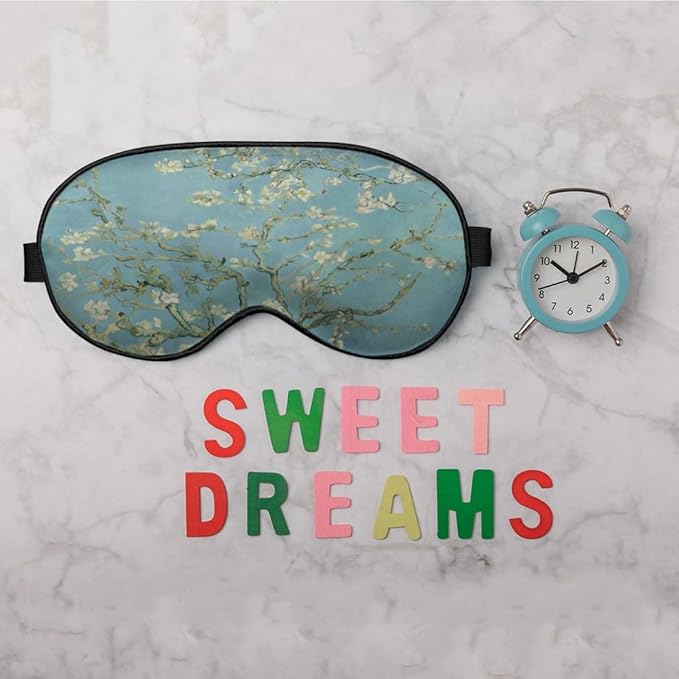 Almond Blossom Sleep Eye Mask Green Flower Van Gogh Painting Silk Eye Mask Sleeping Soft Eye Shade Cover for Men Women Boy Girl Airplane Travel with Elastic Strap