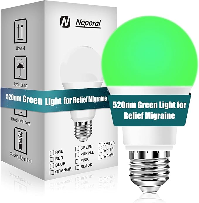 Neporal Migraine Relief LED Light Bulb, Full Spectrum Light with 520nm Narrow Band, Non-Drug Support for Headache, Anxiety, Tension Relief, 9W 60 Watt Equivalent, E26/E27, 1PK
