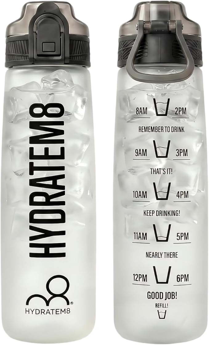 HYDRATEM8 - Active Motivational Sports Water Bottle with Time Markings, BPA Free, Drinks Bottle, 32oz - Frosted