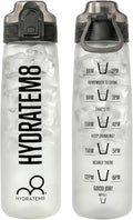 HYDRATEM8 - Active Motivational Sports Water Bottle with Time Markings, BPA Free, Drinks Bottle, 32oz - Frosted