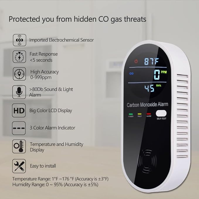 Carbon Monoxide Detectors, Plug in Type CO Alarm Monitor with Clear LCD Display, 3-in-1 Carbon Monoxide Detector (CO, Temperature and Humidity Display), Easy to Read & Install, KH106, Black