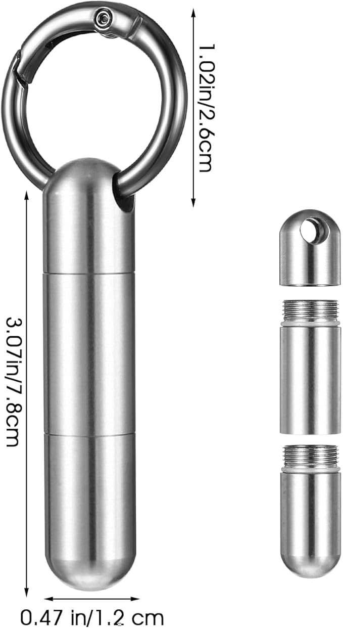 Small Keychain Pill Holder Stainless Steel Waterproof Container Tiny Portable Pill Case Organizer for Travel Purse Pocket Mental Box with Keyring for Outdoor Camping(2 Compartment)