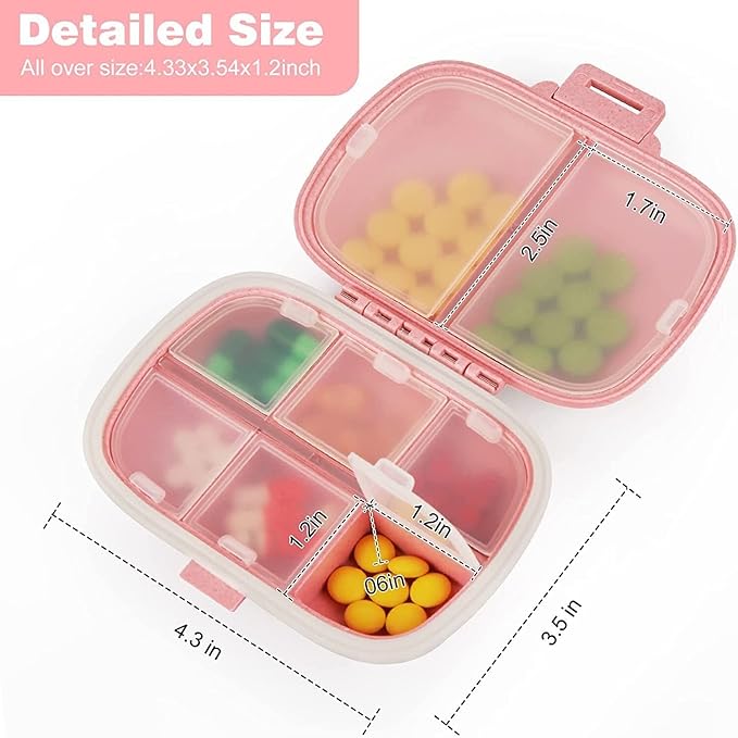Daily Pill Organizer 1 Travel Portable Pill Case 8 Compartments Pill Box with Seal Ring Moisture Proof Small Medicine Vitamin Holder Container for Pocket Purse Waterproof Pill Supplement Case (Pink)